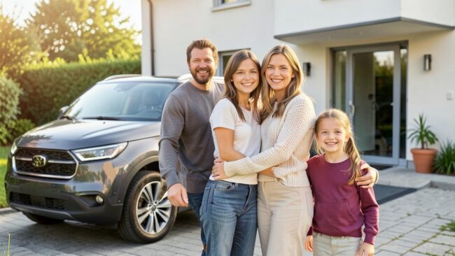 Familie vor Auto mit Kfz-Versicherungsschutz